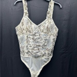 Free People Cream and Gray Floral Bodysuit M Shirring Lace Mesh Ruffles Romantic